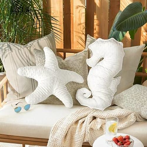 AELS Coastal Throw Pillows Set of 2, Starfish Seahors Pillows, Beach Ocean Nautical Themed Smooth Soft Minky Decorative Throw Pillows, Cute Pillow for Couch Sofa Bed Living Room Bedroom Nursery, White