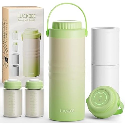 LUCKBEE 16oz Breastmilk Cooler: LCD Temp Monitor, 24H Ice Crystal Cooling, Reusable with 2 Storage Bottles - On-The-Go Mom's Solution