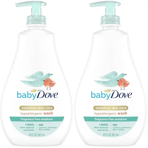 Baby Dove Sensitive Skin Care Baby Wash For Bath Time, Moisture Fragrance Free and Hypoallergenic, Washes Away Bacteria 20 oz (Pack of 2)