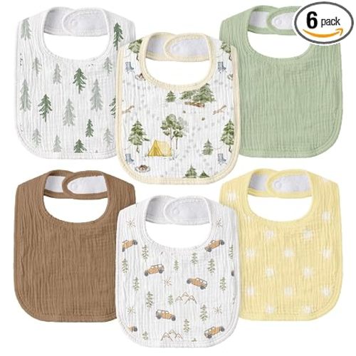 GLLQUEN BABY Muslin Drool Bibs for Boys Girls 6 Pack, Adjustable Baby Bibs for Drooling and Teething, Soft Cotton Baby Bandana Bib for Newborn Feeding Essentials (Cross-country Adventure)