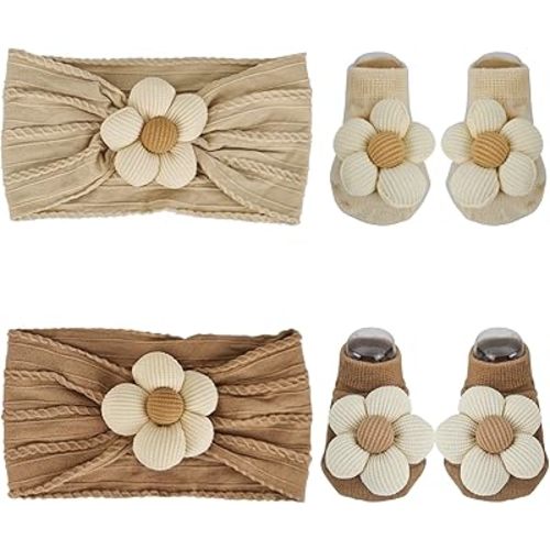 Baby Girl Headbands and Socks Set, Non-Slip Socks with Flower Hairbands, Comfortable Newborn Infant Toddler Accessories (Beige/Brown, 6-12 months)