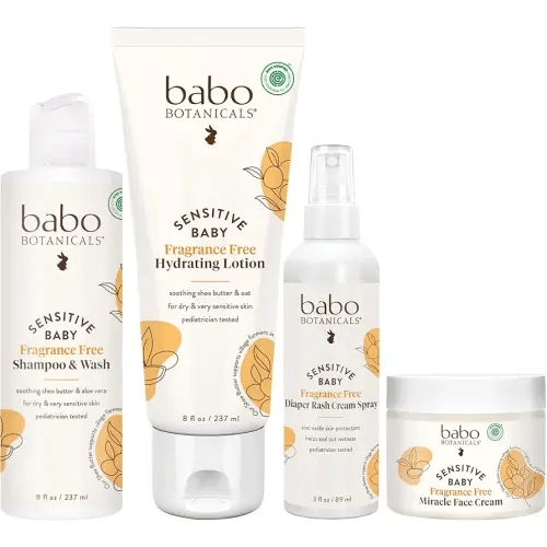 Babo Botanicals Baby Care Essentials Gift Set - Skincare, Bath & Diaper - For Delicate Skin, Fragrance-Free with Shea Butter, Includes Reusable Carry Pouch - Natural & Plant Based - 5 Items Set