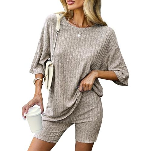 Ekouaer Pajamas 2 Piece Lounge Sets Ribbed Knit Matching Outfits T-shirt Biker Shorts Sleepwear Loungewear Sweatsuits