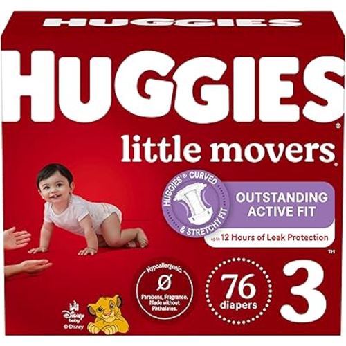 Huggies Size 3 Diapers, Little Movers Baby Diapers, Size 3 (16-28 lbs), 76 Count, Packaging May Vary