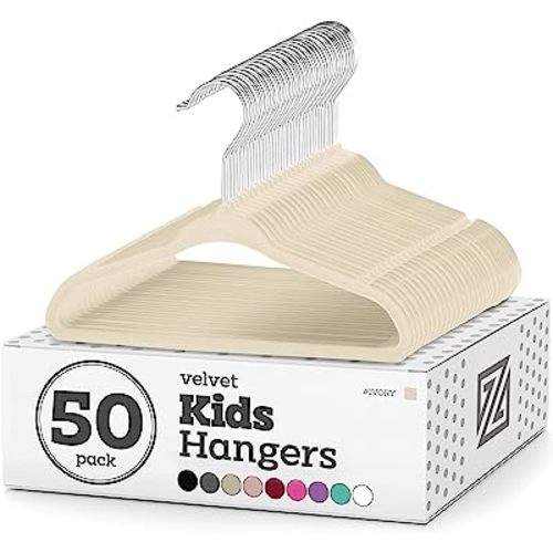 Zober Velvet Kids Hangers for Closet - Pack of 50 Non Slip Childrens Hangers for Shirts, Pants & Dresses w/Swivel Hook - Durable Kids Clothes Hanger w/Notches - Small Hangers - Ivory