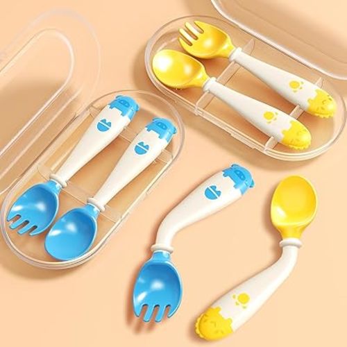 Deejoy Toddler Utensils, Self-feeding Flatware Set withTravel Case, Baby Spoons and Forks with Silicone Bendable Handle, Easy Grip Heat-Resistant, Ideal for Kids, Stage 2, 2 Sets Yellow+Blue