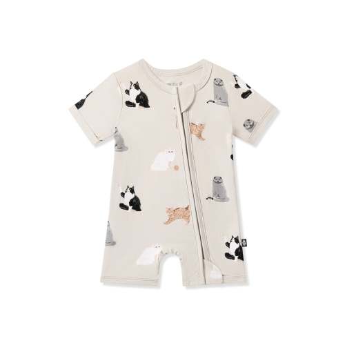 Zipper Shortall Romper in Fluffy Cat