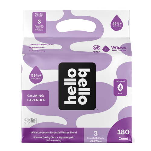 Hello Bello Baby Wipes, Lavender Scented Hypoallergenic Plant-Based Cloth, 3-Pack (180 Total) (Choose Your Count)