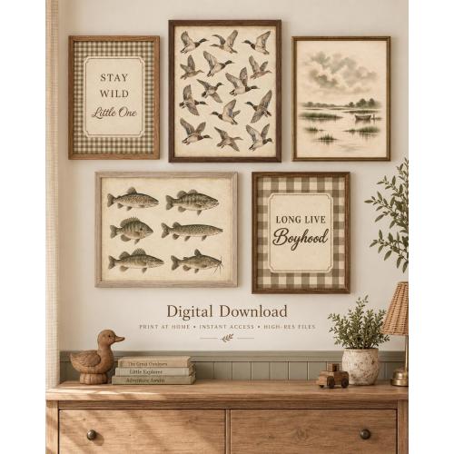 Vintage Boys Nursery Wall Art Set of 5, Mallard Duck & Fishing Prints, Long Live Boyhood, Stay Wild Little One, Rustic Digital Download