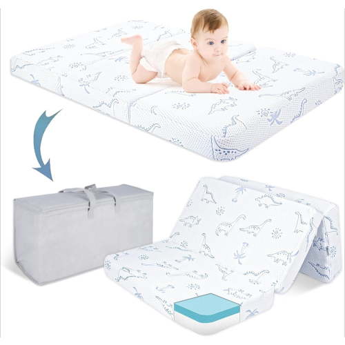 Trifold Pack N Play Mattress (38x26) - Dual-Sided Memory Foam, Dinosaur Cover & Travel Bag (Portable Crib)