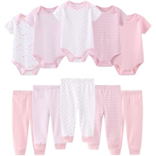 Ruliby Baby Bodysuit and Pant Set 10-pcs Cotton Soft Newborn Clothes Outfit