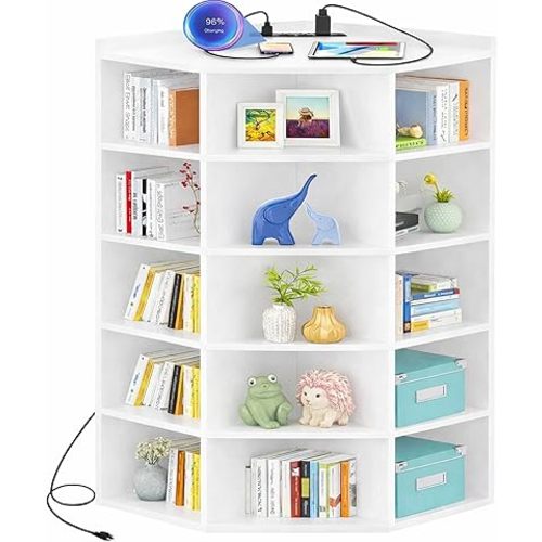 Aheaplus Corner Cabinet, 6-Tier Corner Bookshelf with Power Outlets, Corner Cube Storage Shelf with Top Table, Wooden L Cubby Toy Storage with 15 Cubes for Home Office, Bedroom, Living Room, White