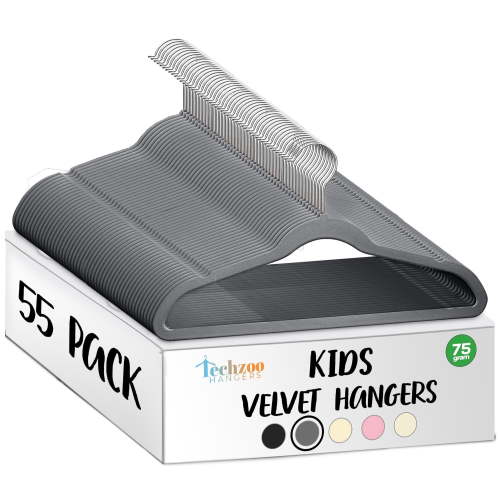 Techzoo Premium Kids Velvet Hangers 55 Pack – 14" Non Slip Felt Cloth Hangers for Closet – Ultra Slim, Space Saving Kids Clothes Hangers with 360° Swivel Hook, Toddler Children Kids Hangers – Gray