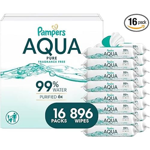 Pampers Aqua Pure Baby Wipes, 99% Water, Fragrance Free, 896 Baby Wipes Total (16X Flip-Top Packs) [Packaging May Vary]