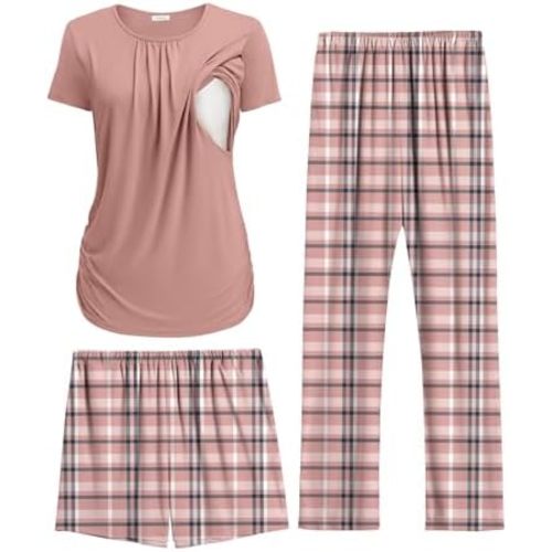 Ekouaer Maternity Nursing Pajamas Set 3 Piece Postpartum Lounge Breastfeeding Pjs Pregnancy Shorts & Pants S-XXL