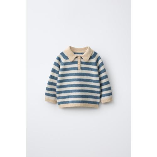 STRIPED KNIT POLO JUMPER - Mid-blue | ZARA United States