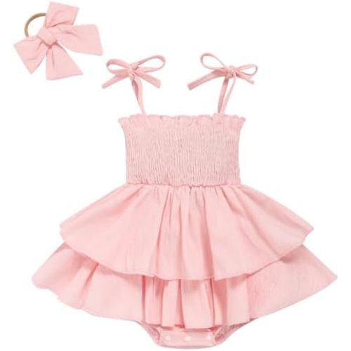 TITKKOP Baby Girl Summer Outfits Infant Double Romper - Sleeveless Bodysuit & Cake Smash Outfit