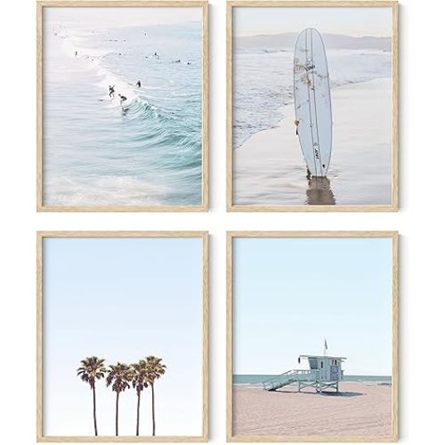 HAUS AND HUES Beach Wall Art Prints – Set of 4 Ocean-Themed Nautical Decor, Coastal Beach Art Prints for Bedroom, Living Room, or Home (Beige Frame, 8x10)