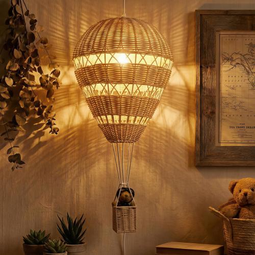 Rattan Hot Air Balloon, Light Up Moon Wall Decor, Woven Nursery Mobile, Boho Night Light, Celestial Art, Baby Shower Gift, Kid Room