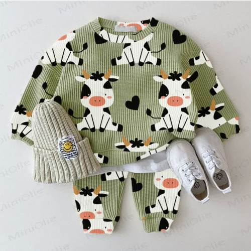 Baby Waffle Cute Dairy Cow Sweatshirt 2-piece Set