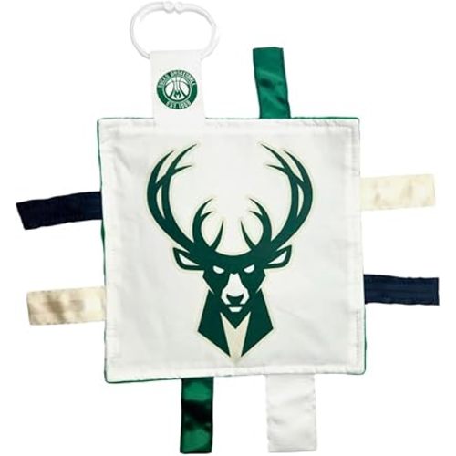 The Learning Lovey Milwaukee Bucks Baby 8x8” Tag Toy - NBA Basketball - Baby Sensory Crinkle Toys - Soft & Safe - Ideal Baby Stroller Toy - BPA Free w/Stroller Clip (8" x 8" Tag Toy)