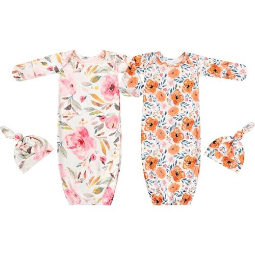 Newborn Baby Sleeper Gown with Hat Knotted Gown Nightgown Coming Home Outfits for Baby Girl 2 Pieces Set
