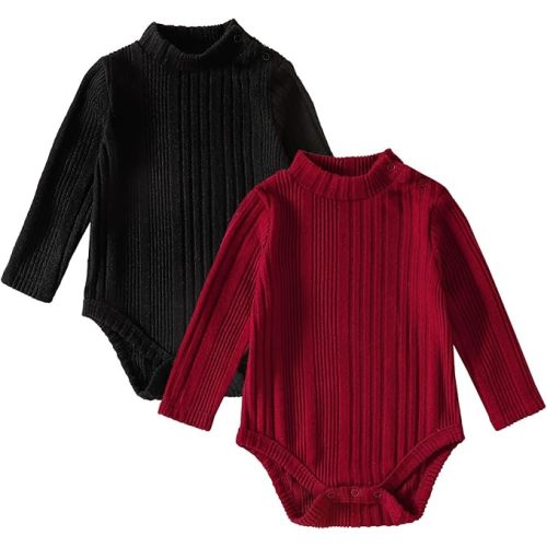 DEFAHN Baby Turtleneck Bodysuit Long Sleeve Boy Girl Ribbed Knit Jumpsuit Outfit 2 Pack Baby Solid Onsies 0-24 Months