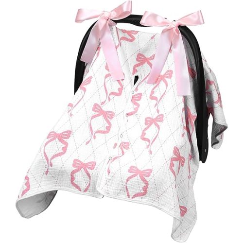 Tegeme 2-in-1 Pink Bow Muslin Baby Car Seat Cover Breathable Multi-use Nursing Infant Car Seat Cover Windproof Canopy for Breastfeeding Strollers Carriers