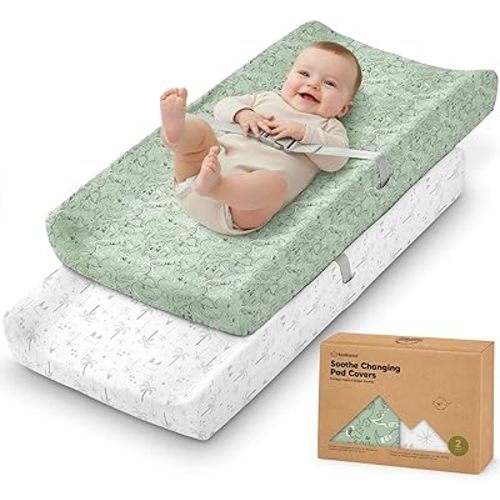 2-Pack Organic Changing Pad Covers for Girl, Boy, Neutral - 100% Cotton Changing Table Pad Cover, Soft Baby Nursery Diaper Changing Pad Sheets, Contour Changing Pads Liners,Change Pad Cover (DinoDood)