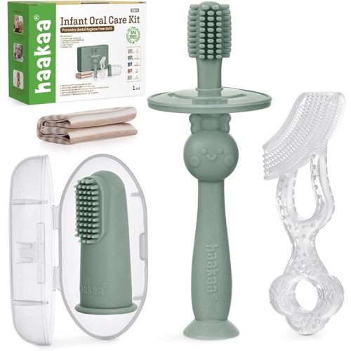 haakaa Training Toothbrush Set Oral Care Kit, Soft Silicone Toothbrush for Baby, Infants, Toddlers & Kids, Pea Green