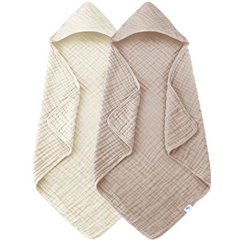 SWEET DOLPHIN Muslin Hooded Baby Bath Towels - 2 Pack 100% Cotton Towel for Babies, Infants, Toddlers - 32x32Inch - Highly Absorbent and Newborn Essential, Ivory and Brown