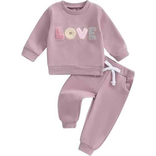 Socutebabe Baby Girl Clothes Newborn Infant Fall Winter Outfits Love Embroidery Long Sleeve Crewneck Sweatshirts Pants 0-24M