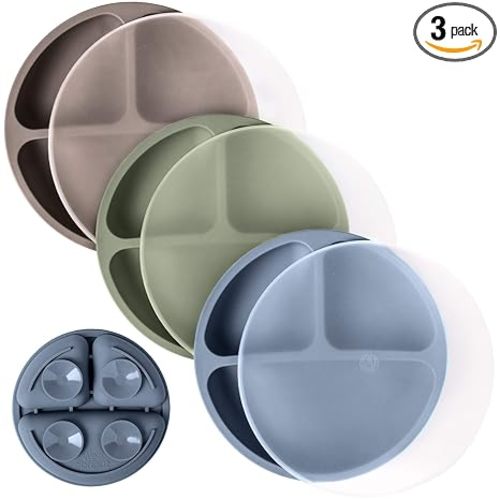 WeeSprout Suction Plates with Lids for Babies & Toddlers - 100% Silicone, Dinnerware Stays Put, Divided Design for Picky Eaters, Microwave & Dishwasher Friendly, 3 Pack
