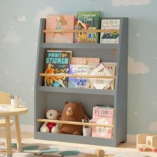 3 Tier Kids Book Shelf, Montessori Bookcase Book Shelf Display Shelf for Kids Rooms, Bedroom, Playroom, Nursery (Gray)