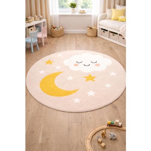 Moon Cloud Kids Rug – Round Washable Non-Slip Nursery Carpet