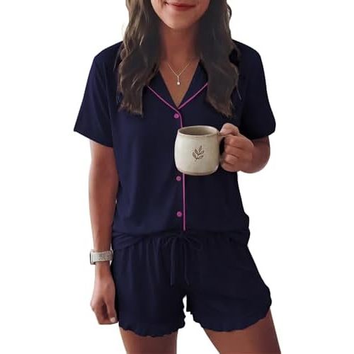 Ekouaer Womens Pajama Sets Button Down Cute Ruffled Pjs Set Sleepwear