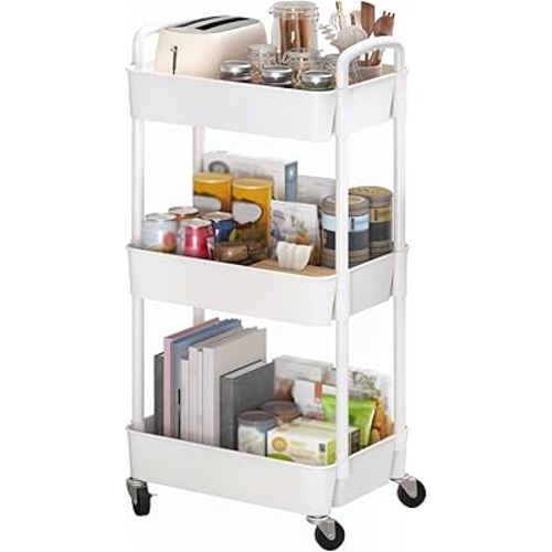 Sywhitta 3-Tier Plastic Rolling Utility Cart with Handle, Multi-Functional Storage Trolley for Office, Living Room, Kitchen, Movable Storage Organizer with Wheels, White