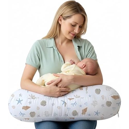 Little Grape Land Nursing Pillow for Breastfeeding, Ergonomic Feeding Pillow with Removable Cover, Baby Feeding Pillow with Hidden Zipper Guard and Supportive Breathable Filling, Shell, Upgraded