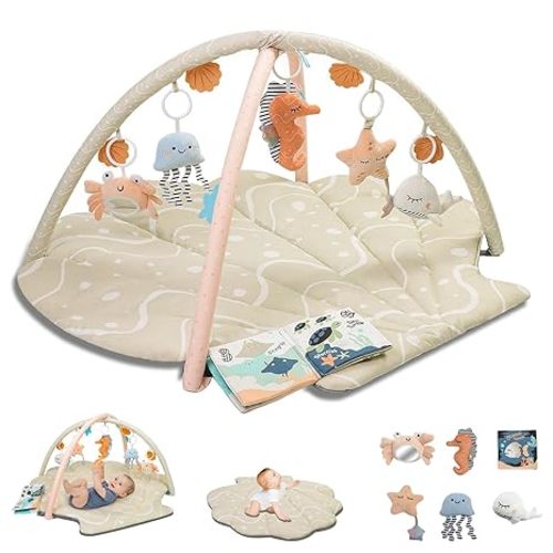 Baby Play Mat, Oversize Shell Tummy Time Mat with 6 Detachable Baby Activity Toys, Baby Gyms & Playmats for Babies 0-12 Months, Baby Essentials Mat for Floor Newborn Baby Shower Gifts (Beige)