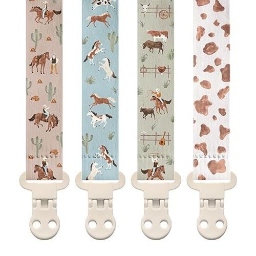 Stadela Baby Fabric Pacifier Clip Holder, Plastic Clip, 4‑Pack, Western Pattern, West Set