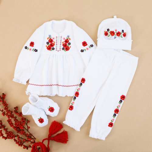 Embroidered costume for a girl. Set-vyshyvanka for baptism for 0-12 months: sweater, pants, hat, booties. Set of 100% cotton + surprise gift