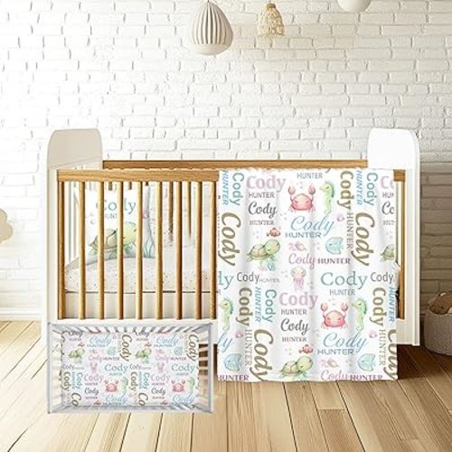 Personalized Baby Bedding Set with Name – Ocean Animals 3 Piece Crib Set for Boys & Girls, Soft Flannel Blanket, Fitted Sheet & Pillowcase – Baby Shower or Newborn Gift