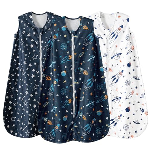 david's kids 3 Pack Warm Micro Fleece Baby Sleep Sack 6-12 Months, 1.5 TOG Soft Baby Wearable Blankets with 2-Way Zipper, Winter Sleeping Bags for Infant Newborn Boys Girls Neutral, Medium Size, Space