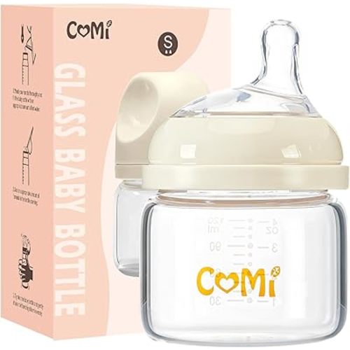 COMI Biberón de vidrio natural, juego de biberones anticólicos para recién nacidos con pezón de flujo lento, 0-3 meses, 4 onzas, paquete de 2