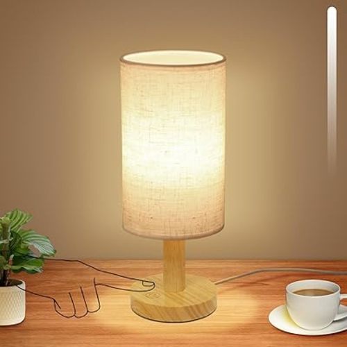 Small Touch Table Lamp with Stepless Dimming&USB Plug,Natural Round Wood Base&Linen Fabric Shade |Soft Ambient Warm Night Light|Minimalist Boho Bedside Lamp for Bedroom,Nightstand,Nursery,Kitchen,Dorm