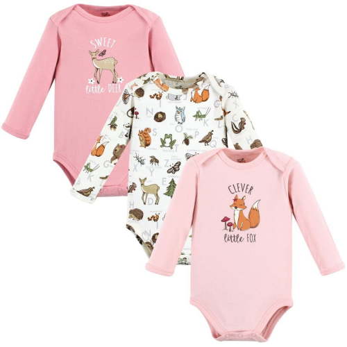 Touched by Nature Infant Girl Organic Cotton Long-Sleeve Bodysuits, Girl Woodland Alphabet 3-Pack, 0-3 Months