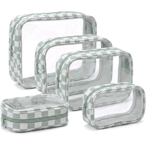 5PCS Diaper Bag Organizer Pouches Set,TSA Approved Toiletry Bag,Waterproof TPU Checkered Makeup Bag Set,Clear Travel Organizer Bags for Kids and Women,Checkered Green