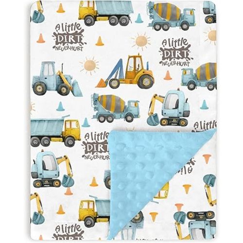 Blue Construction Trucks Baby Blankets for Boys 30" x 40", Soft Double Layer Minky Blanket with Dotted Fleece Back, Nursery Bed Receiving Quilt for Newborn Infant Toddler Shower Gift