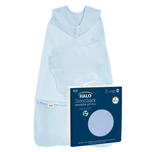 HALO Sleepsack Swaddle 100% Organic Cotton Newborn 1-Piece Gift Set with Box, TOG 1.5, 0-3 Months, Chambray