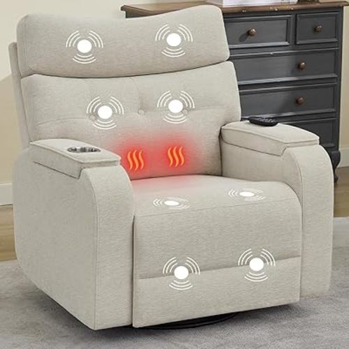 Power Swivel Rocker Recliner with Massage & Heat, Power Glider Recliners with Type-C Port & Timing, Oversized Swivel Glider Recliner with Dual Storage Arms & Cup Holder, Chenille Camel